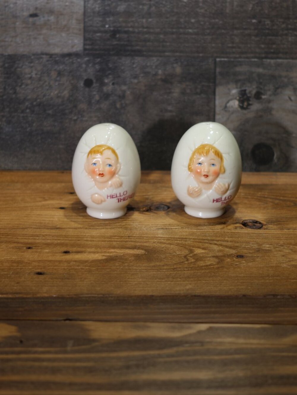 Vintage German “Hello There” Baby in Egg Salt & Pepper Shakers Porcelain Germany
